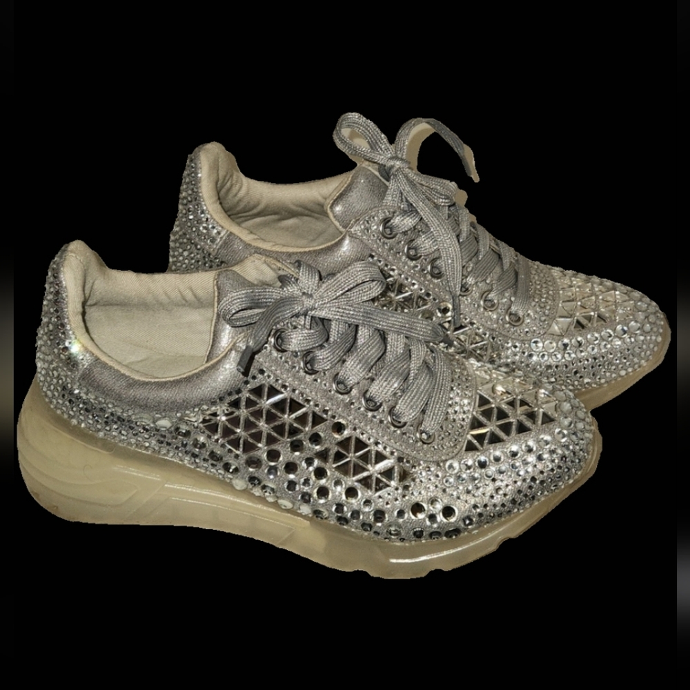 Steve Madden Silver Rhinestone Platform Sneakers with Metallic Accents